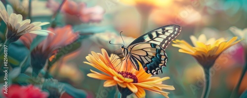 A butterfly is flying over a field of flowers. The butterfly is black and has orange spots. The flowers are bright and colorful, creating a cheerful and lively atmosphere photo