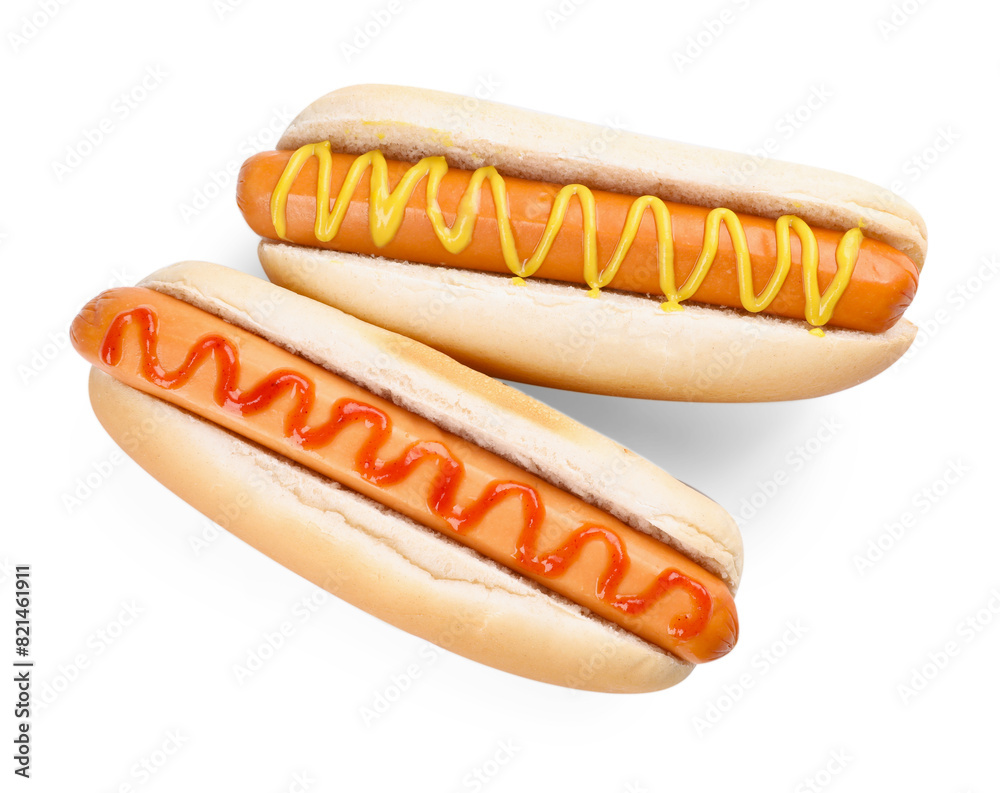 Tasty hot dogs with ketchup and mustard isolated on white, top view Tasty hot dogs with ketchup and mustard isolated on white, top view