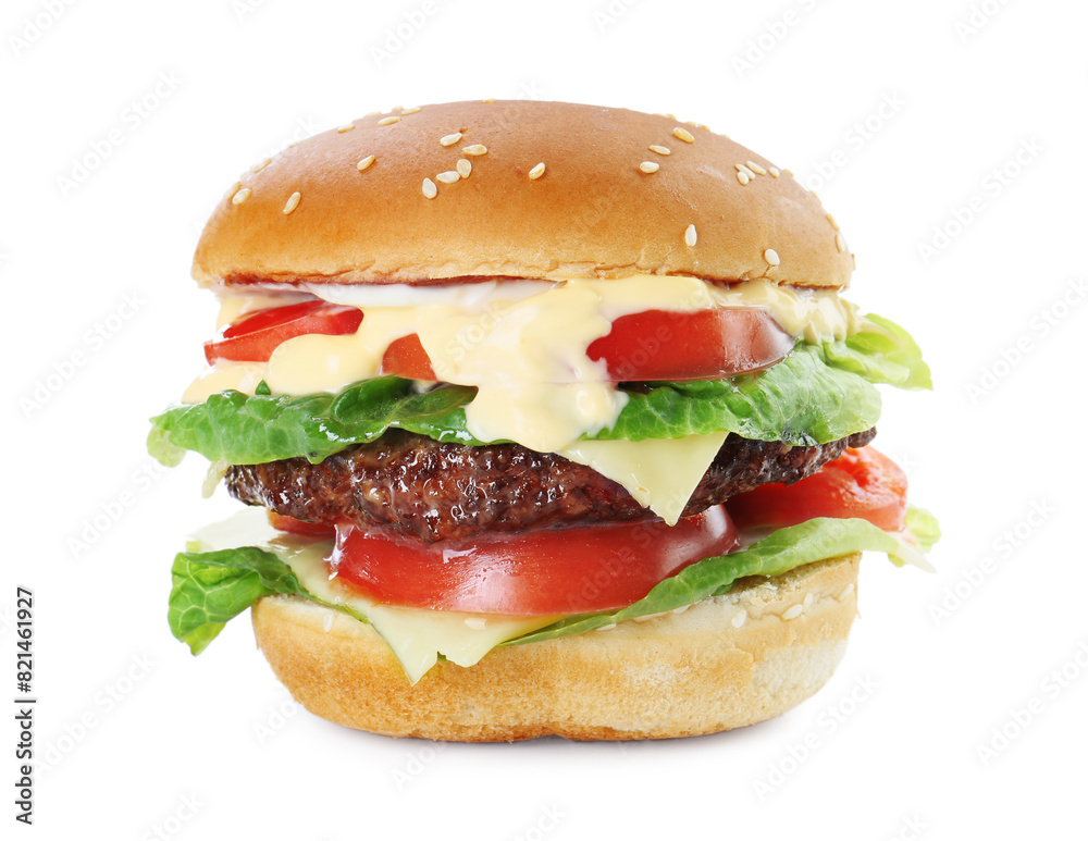 Burger with delicious patty isolated on white Burger with delicious patty isolated on white