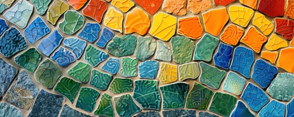 A colorful mosaic tile wall with a blue stripe. The tiles are in various colors and sizes, creating a vibrant and eye-catching design A colorful mosaic tile wall with a blue stripe. The tiles are in various colors and sizes, creating a vibrant and eye-catching design