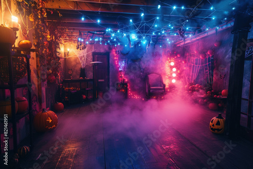 A vibrant Halloween party venue bathed in fog and colorful lights  creating an enchanting and eerie atmosphere