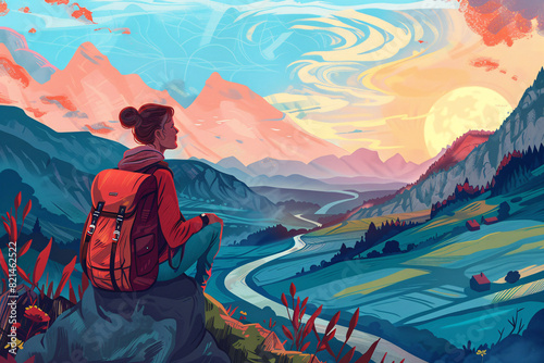Woman hiker with backpack enjoying sunset over mountains and river valley