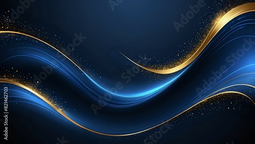 Dark blue luxury background with shiny gold wave lines