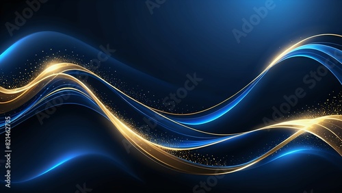 Dark blue luxury background with shiny gold wave lines