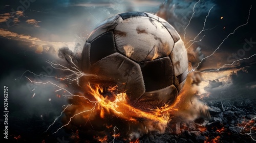 A soccer ball engulfed in flames and lightning streaking through the night sky against a backdrop of blue and orange