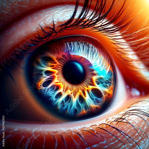 Extreme closeup of a human eye with natural and amazing colorful patterns while wearing contact lense.