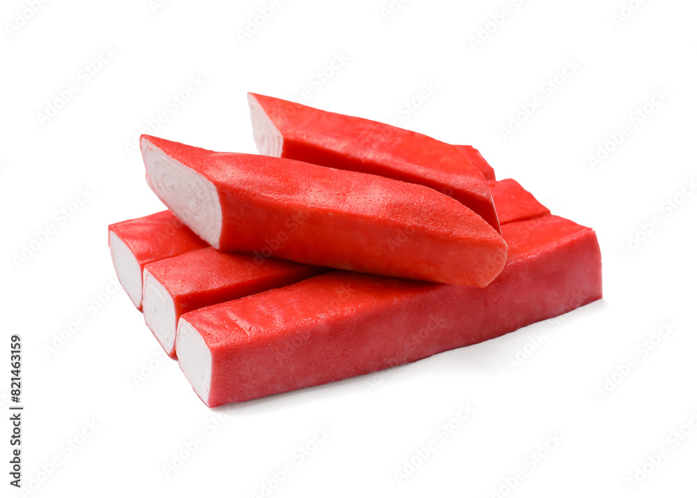Many tasty crab sticks isolated on white Many tasty crab sticks isolated on white