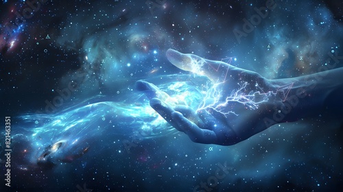 Illustrate a spiritual hand manipulating the wiring diagram of the universe channeling cosmic energy  © Ziyan Yang