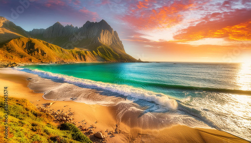 Photo beautiful sunset on the beach photo as a background, mountains and sea; autumn or summer landscape by blue water