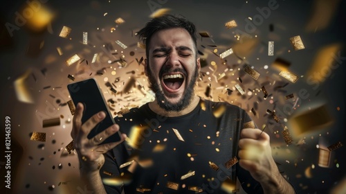 A young man celebrating a victory or a lottery win with a phone in his hand shouting with joy, sleeping confetti all around.generative ai
 photo
