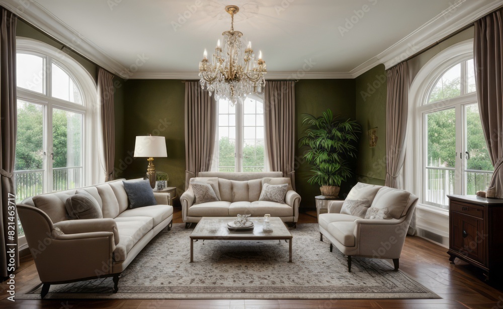 Elegant professional photograph of a white and gold luxury living room interior with a grand chandelier and lush greenery