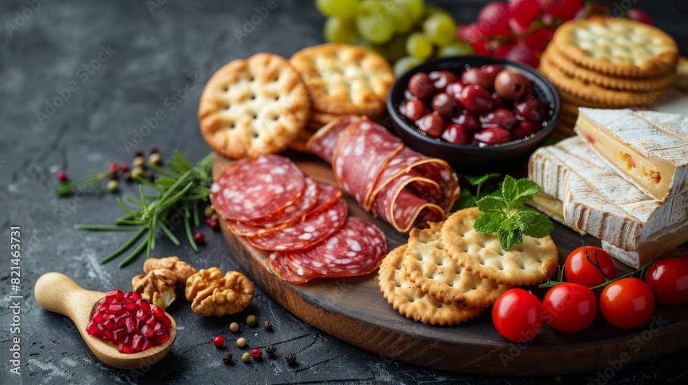 an array of crackers and breadsticks encircling a charcuterie board, themed concept for upscale dining with room for text an array of crackers and breadsticks encircling a charcuterie board, themed concept for upscale dining with room for text