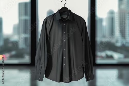 Charcoal shirt mockup on a sleek black hanger with a city skyline