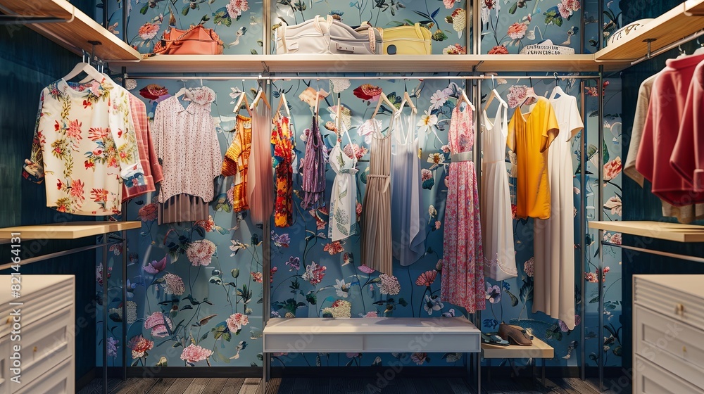 A summer closet with dresses and shirts neatly arranged on hangers, creating a stylish and organized wardrobe space. Generative AI