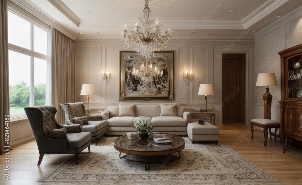 Elegant professional photograph of a white and gold luxury living room interior with a grand chandelier and lush greenery Elegant professional photograph of a white and gold luxury living room interior with a grand chandelier and lush greenery