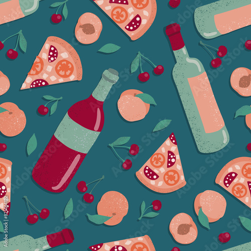 Flat seamless pattern of products on a dark green background. The illustration is in a flat style. Limited palette. Wine, cherries, peaches, pizza