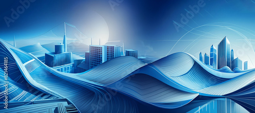 Futuristic abstract city background with buildings and blue hills