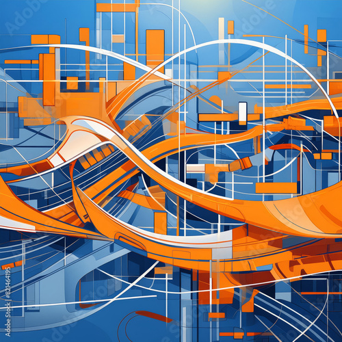 Abstract art of orange shapes with movement on a blue background. futuristic concept