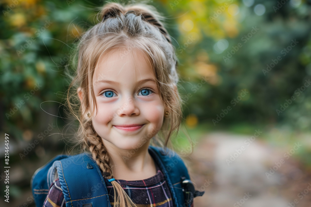 Happy White Girl with Backpack Outside Ready for Back to School or Hiking Adventure Happy White Girl with Backpack Outside Ready for Back to School or Hiking Adventure