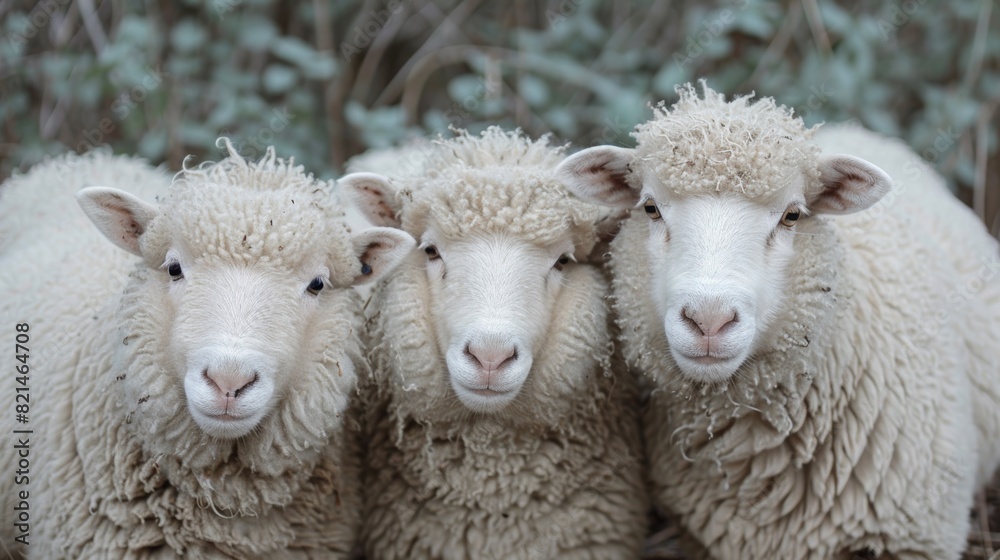 Three sheep standing together in a field with their heads turned, AI Three sheep standing together in a field with their heads turned, AI