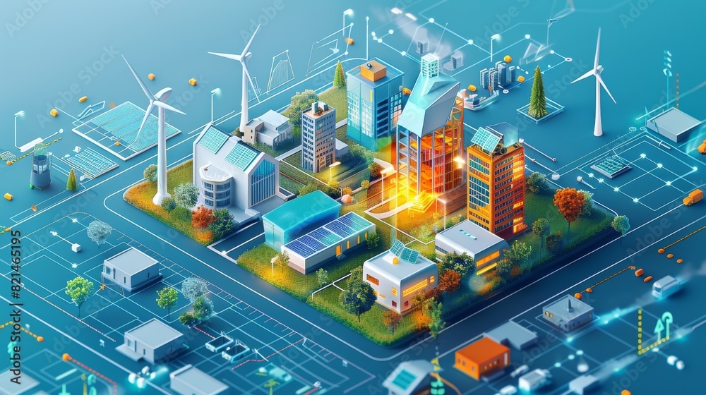 Obraz premium Futuristic smart city with renewable energy sources, advanced buildings, and modern infrastructure; concept of sustainable urban development.