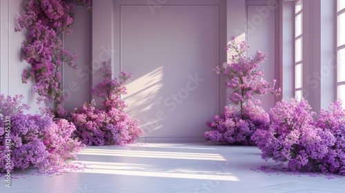 Minimalist wedding interior with blank posters and beautiful purple flowers on the walls