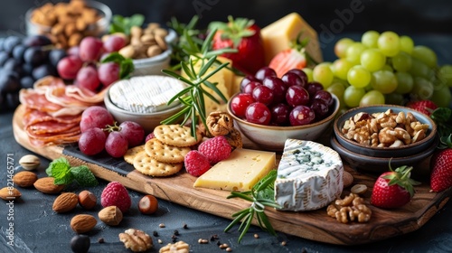 gourmet charcuterie board  vibrant mix of fruits  nuts  cheeses  and crackers on a charcuterie board  ideal for a gathering  creating a visual feast