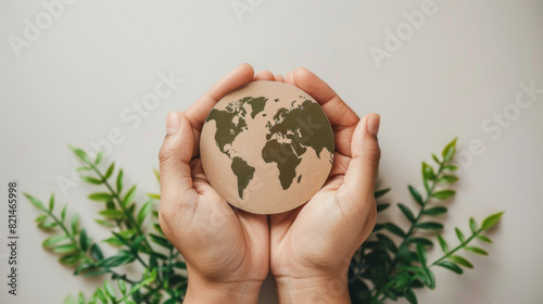 Hands holding a cardboard cutout of Earth with green leaves in the background, symbolizing global environmental protection and sustainability.