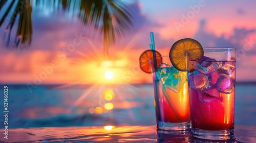 Summer cocktails on luxury tropical beach resort at sunset. Exotic summer drinks cocktails