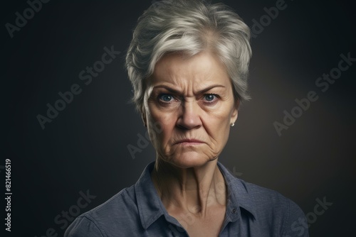 Serious elderly teacher expressing stern emotions in a close-up portrait for educational or emotional emphasis