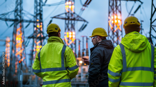 Engineers in safety gear working at a power station during nighttime, with illuminated high-voltage towers and equipment.