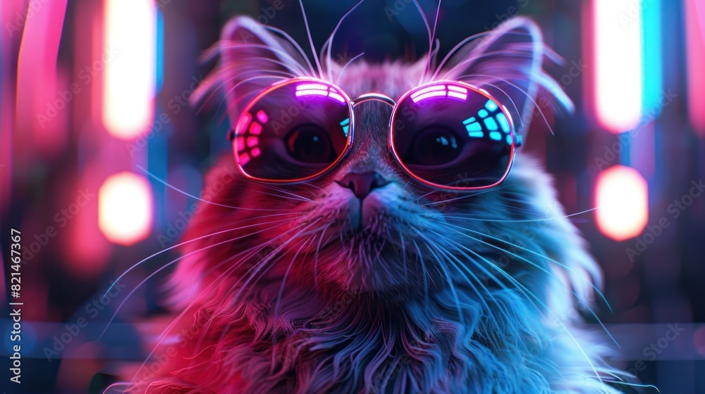 Fluffy Cat Wearing Holographic Glasses Amidst a Futuristic Interface Background