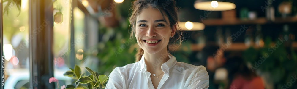 Cheerful girl standing at home office looking at camera Cheerful girl standing at home office looking at camera