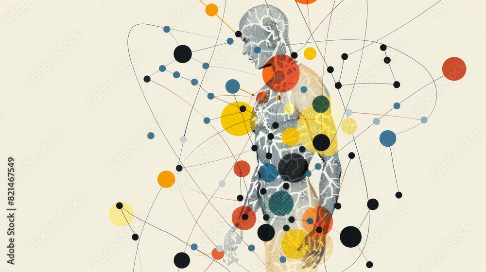 Silhouette of a person connected by a network of colorful dots Silhouette of a person connected by a network of colorful dots