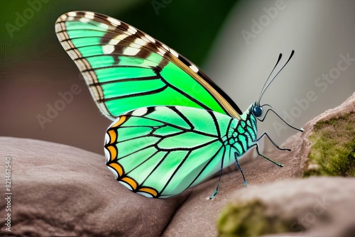 Hermosa mariposa de color verde vibrante posada sobre una piedra 