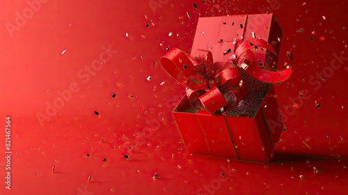 a gift in a red box falling open, in the style of bold color scheme, kimoicore, vray tracing, illustrated advertisements, chinapunk, subtle surface decoration, minimal composition photo
