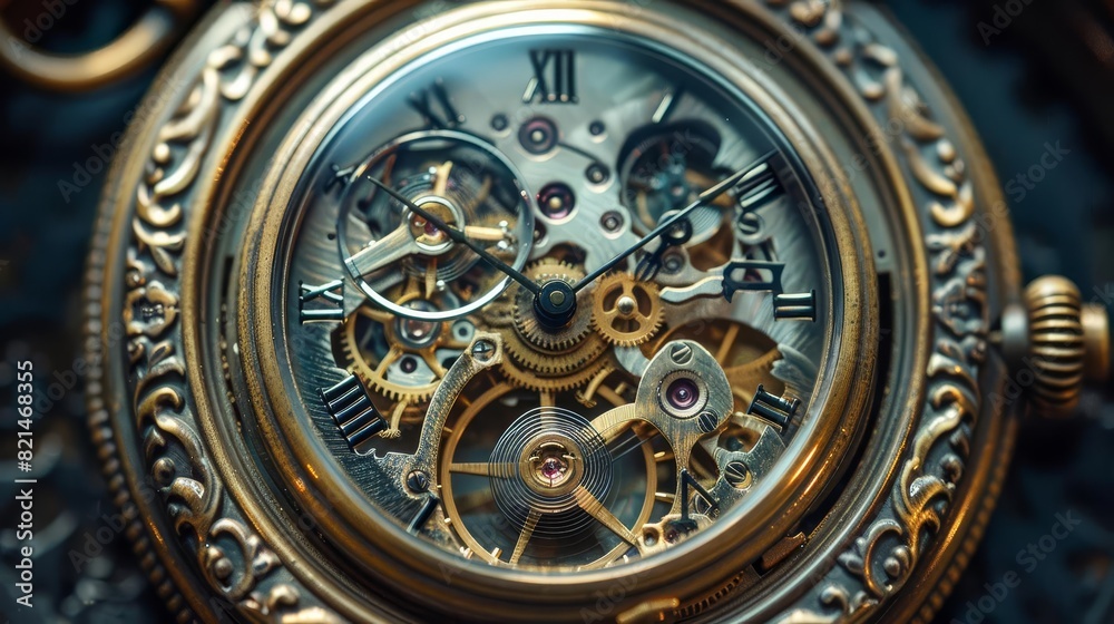 A vintage pocket watch with intricate gears and mechanisms visible through a glass cover