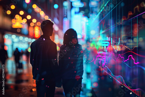 Silhouette of a couple holding hands in a neon-lit cityscape with glowing graphs and vibrant colors at night © agnes