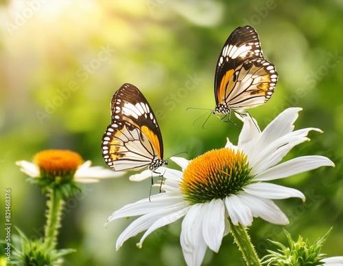 Beautiful butterflies gracefully float on white flowers  amidst lush green nature  under a bright sunlit sky