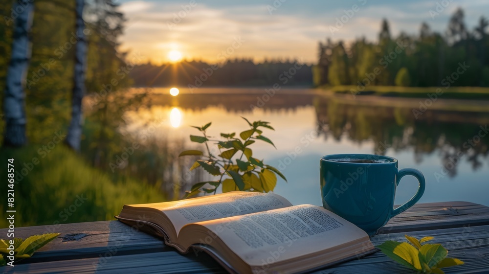 Fototapeta premium An open book and a coffee cup are placed on a wooden table next to a beautiful river view in dusk time as a background with a relaxed ambience. Background for relaxation, vacation and rest time.
