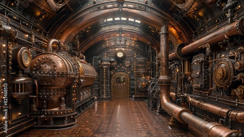 An intricate network of pipes and gears inside a Victorianera steam engine room