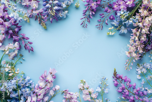 cornice di fiori di glicine su sfondo azzurro 