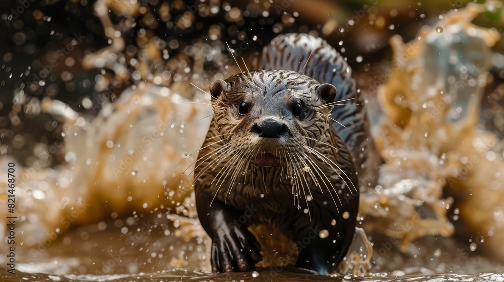 An otter sliding down a muddy riverbank into the water An otter sliding down a muddy riverbank into the water