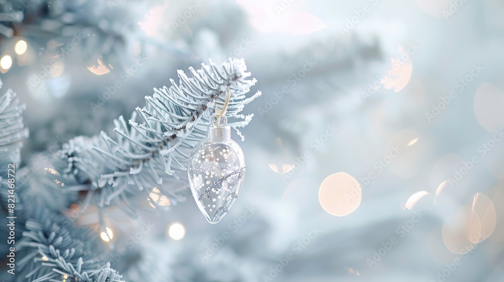 the snow ice glass ornament christmas tree, in the style of pastel dreamscapes, soft-focus technique , light white and light gray