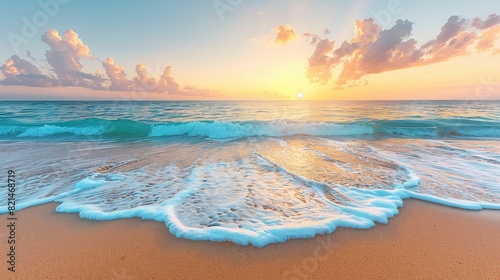 Captivating Sunrise Over Tranquil Ocean Waves and Sandy Beach with Vibrant Colors and Cloud-filled Sky - Serene Coastal Dawn Scene