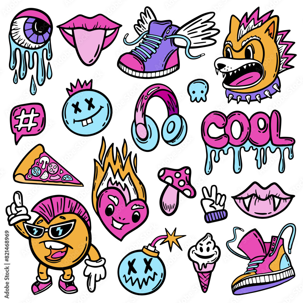 Cool bright set of stickers for girl. Patches heart, lips, headphones, snickers and other graphic elements in teen style