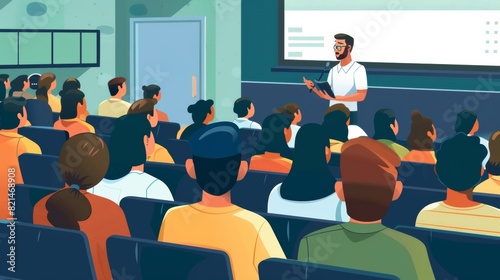 Speaker presenting to a diverse audience in a modern classroom setting for education or business presentations