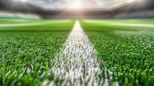 Artificial green grass with white stripe of soccer field. White line on green grass a field of play. Fake Grass used on sports fields for soccer and football. Closed-up of artificial grass background © JovialFox