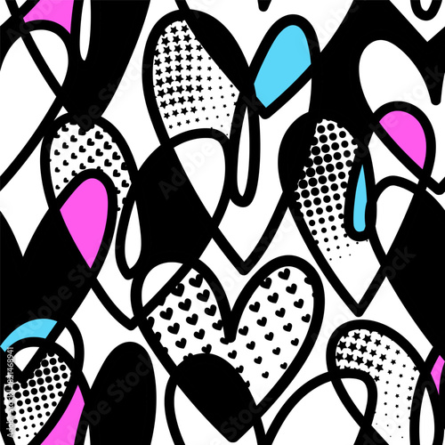 Abstract seamless chaotic pattern with  hearts. Grunge colorful background.