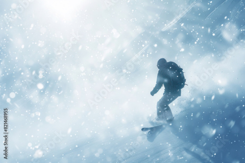 Snowboarder descending a snow-covered slope in a blur, surrounded by swirling snowflakes and a burst of wintry air.